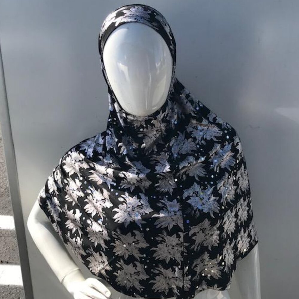 2 Piece Adult Extra Long Hijab Black with Silver Flower
